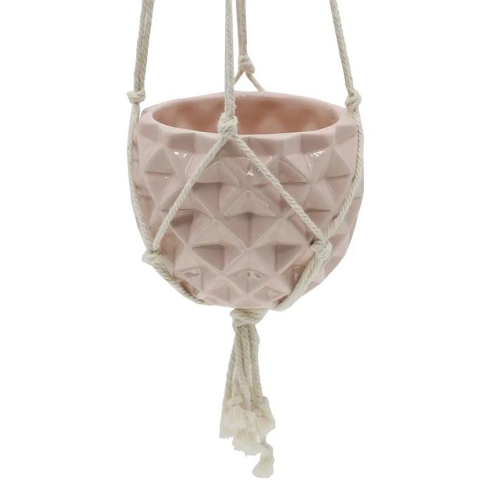 5" Glossy Pink Ceramic Macramé Hanging Planter