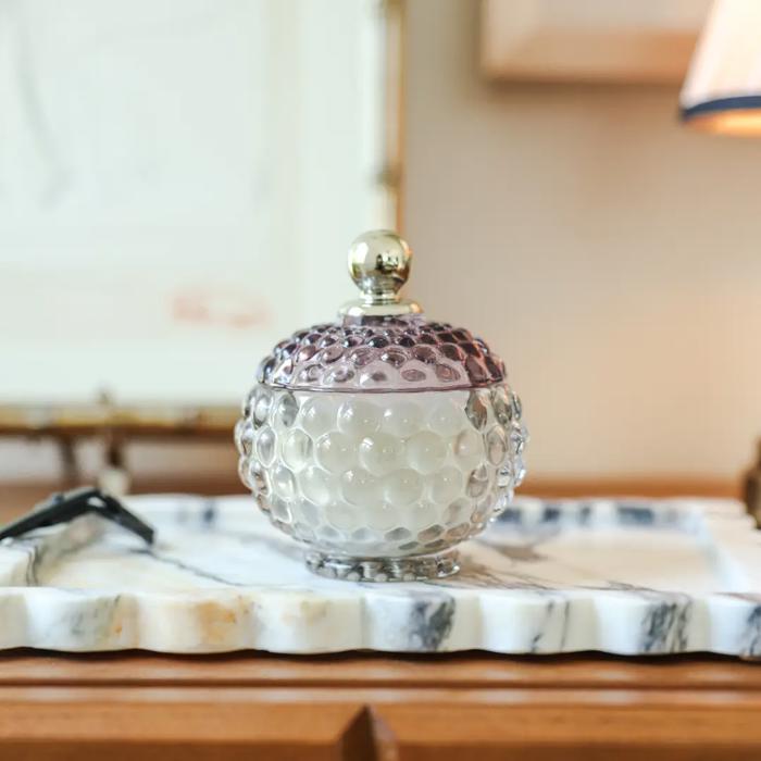 4.25" Glass Bubble Candle with Metal Knob Lid - Santal 5 oz