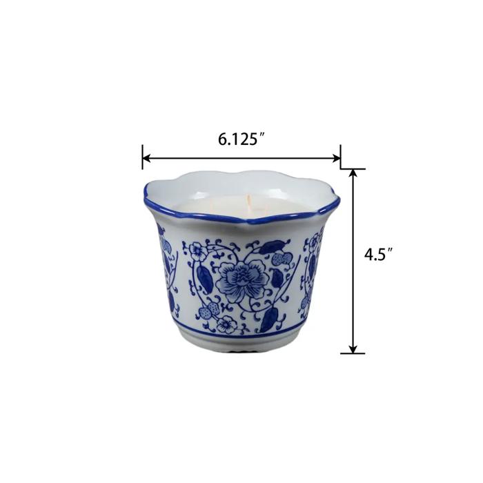 Blue & White Floral Ceramic Candle - Santal