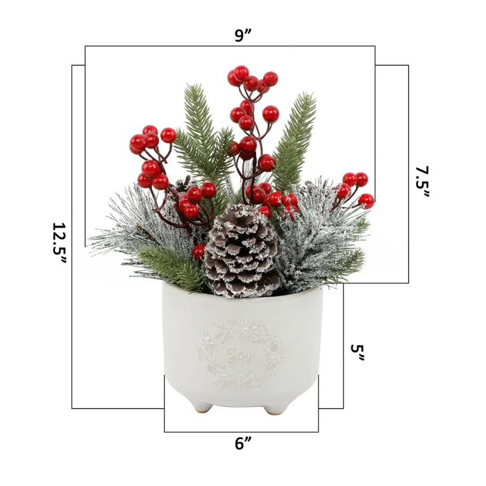 9" Xmas Mix in 5" Joy Wreath in Ceramic Planter 
