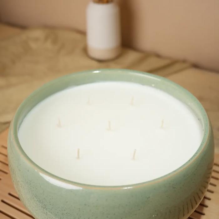 3-Wick Ceramic Bowl Candle in Soft Green Finish - Peony