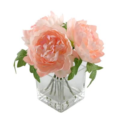 9.5" Pink Silk Peonies in Glass Vase
