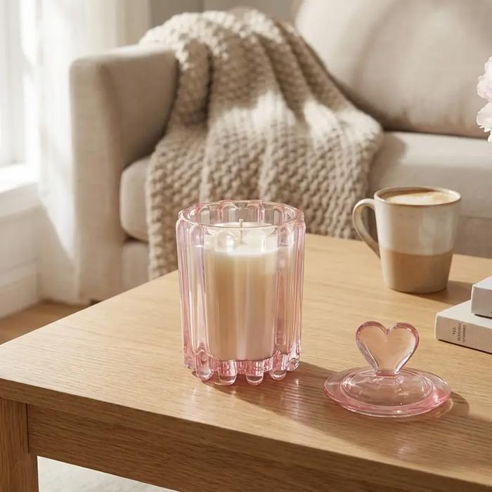 Pink Heart-Lid Glass Candle Jar - Sparkling Champagne
