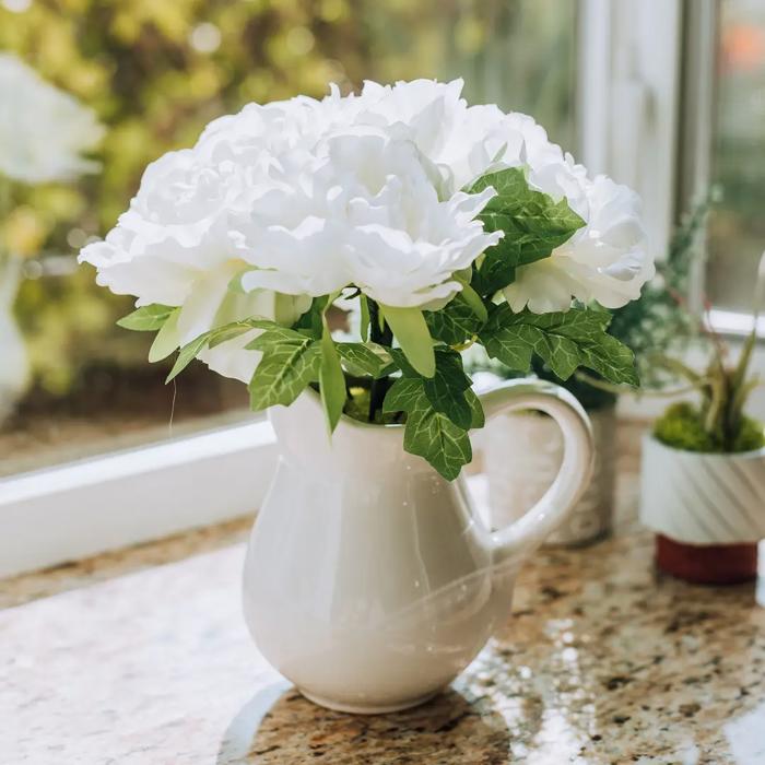 11.5" White Peony in Water Pot 