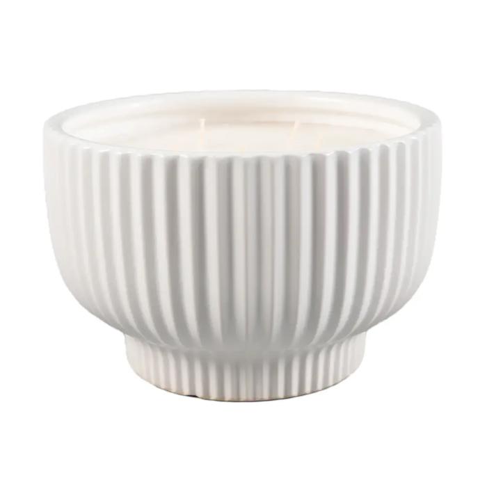 White Ribbed Ceramic Bowl Candle - Bamboo 