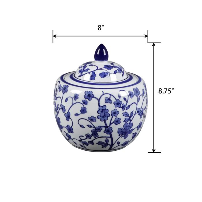 Blue & White Floral Ceramic Ginger Jar - Peony