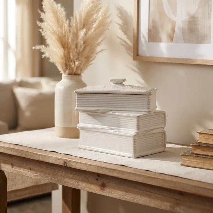 Ceramic Stacked Book Storage Box with Lid - Fresh Air
