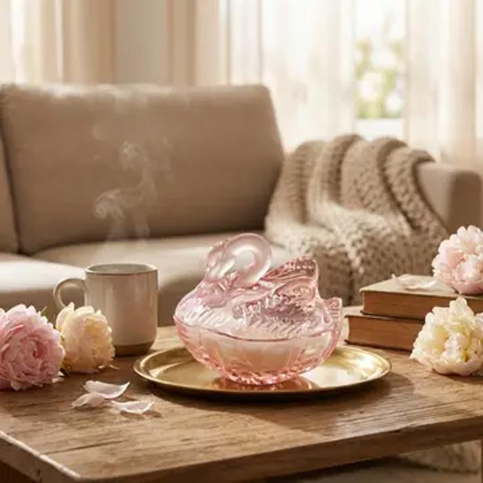 5.38"L Glass Swan Candle w/Lid (4.5 oz) - Frosted Peony