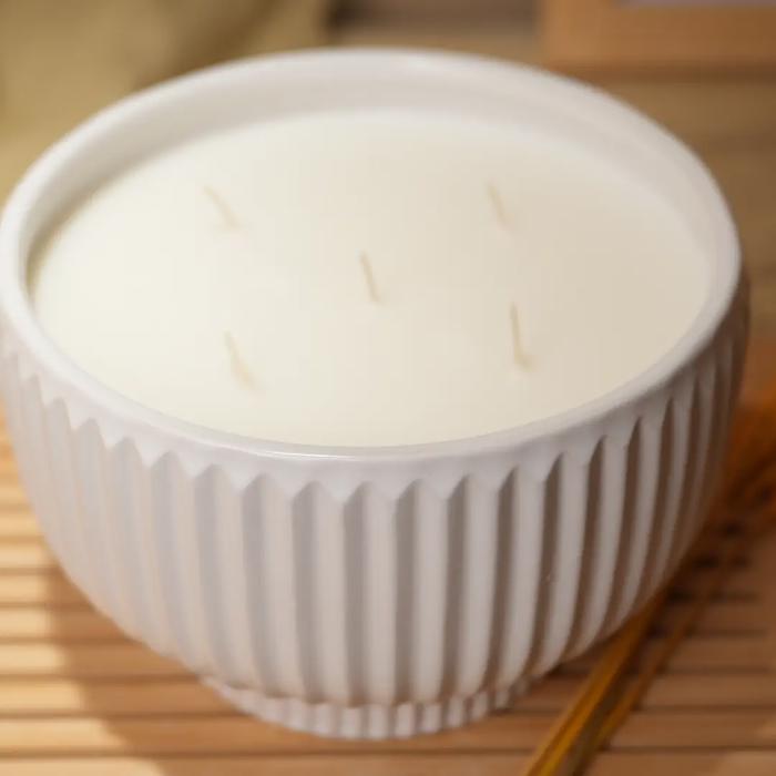 White Ribbed Ceramic Bowl Candle - Bamboo 