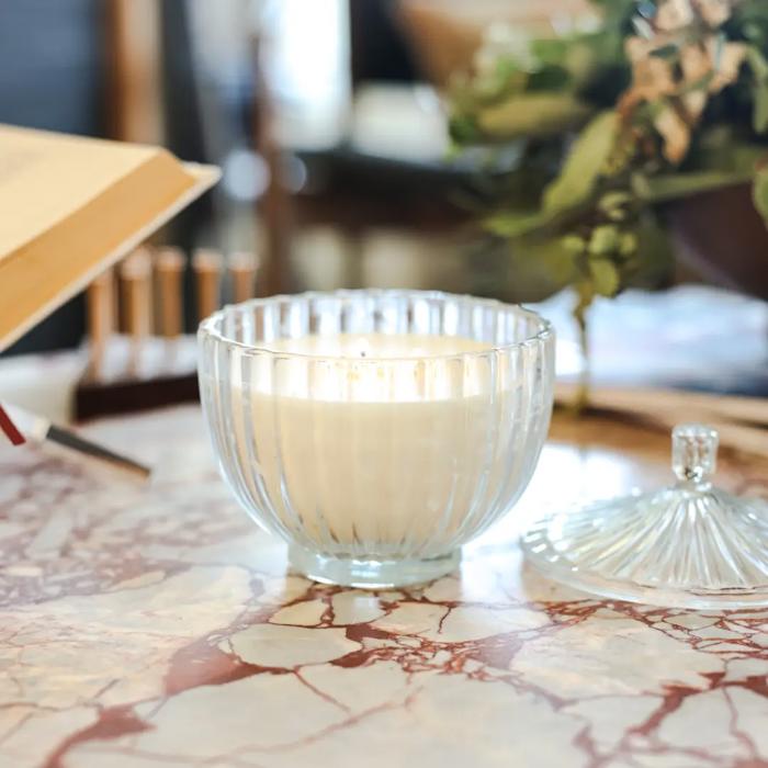 5.5"D Glass Rib Apothecary Candle with Lid - Santal