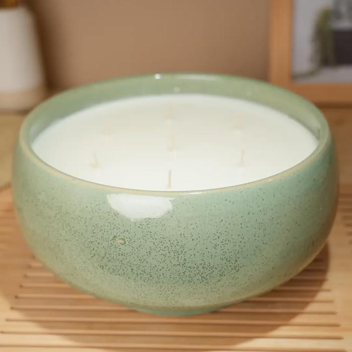 3-Wick Ceramic Bowl Candle in Soft Green Finish - Peony
