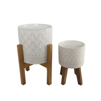 Set of 2 10' & 8" Illuminati Ceramic Planter on Wood Stand