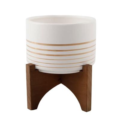 4.75" Gold Line Ceramic Planter with Wooden Stand