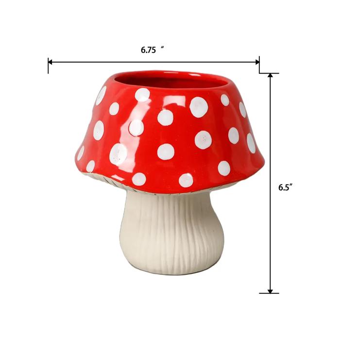  7"D Red Polka Dot Mushroom Ceramic Planter