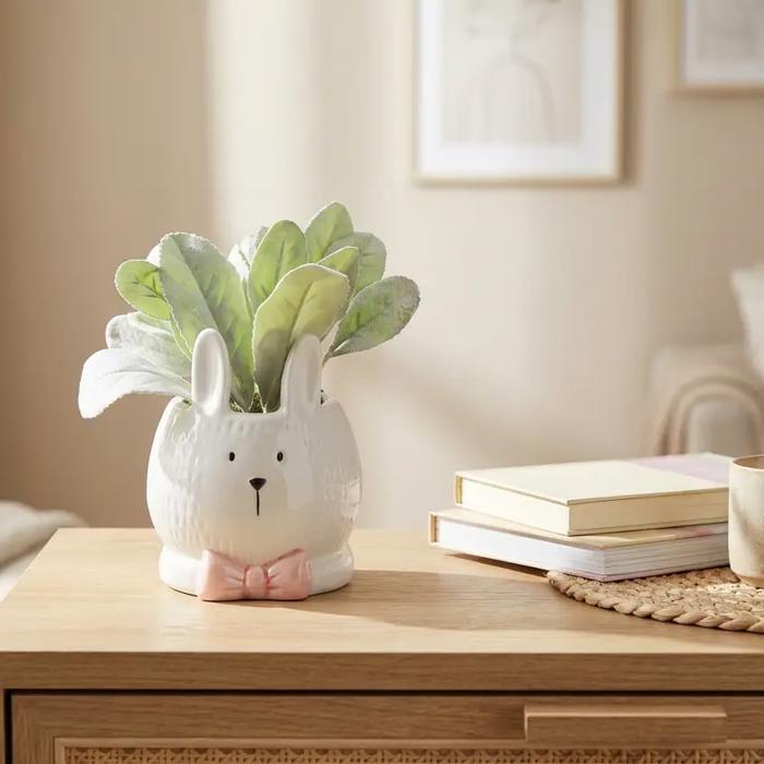 Bunny Face Ceramic Planter with Faux Sage
