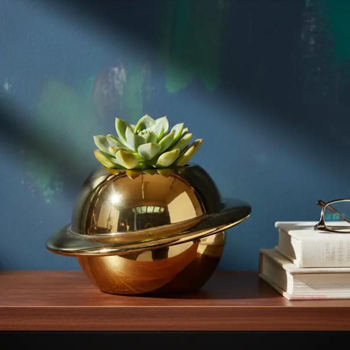 7"D Gold Planet Ceramic Planter