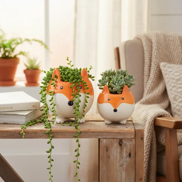 Set of 2 Fox Ceramic Planters