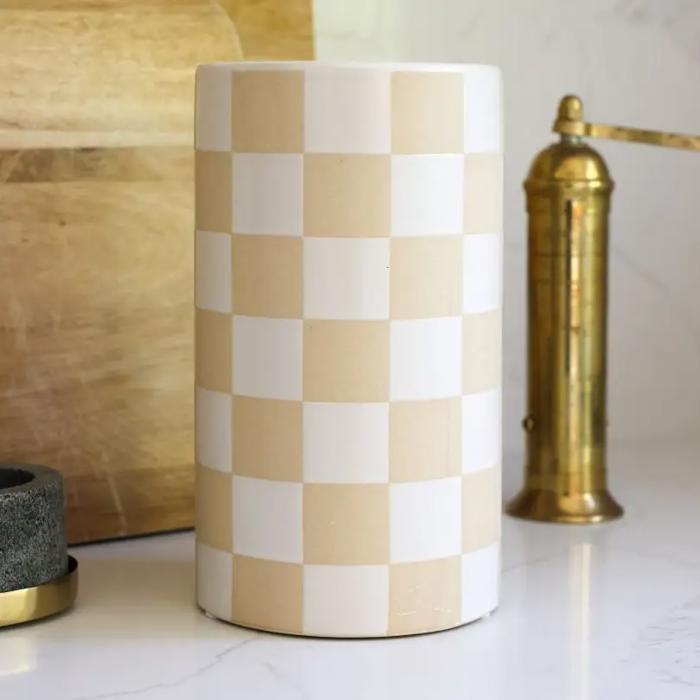 8.5" H Beige Checkered Ceramic Vase