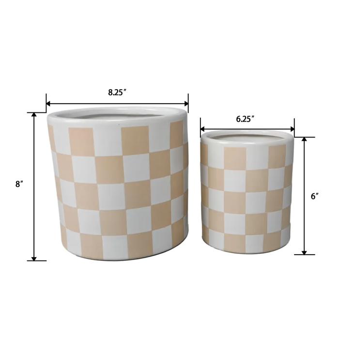Set of 2, 8.25" & 6.25" Beige   Checkered Ceramic Pots