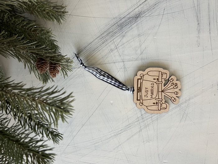 Just Married hand-drawn vintage car ornament on engraved maple