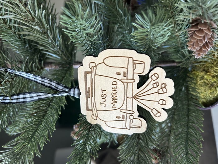 Just Married hand-drawn vintage car ornament on engraved maple