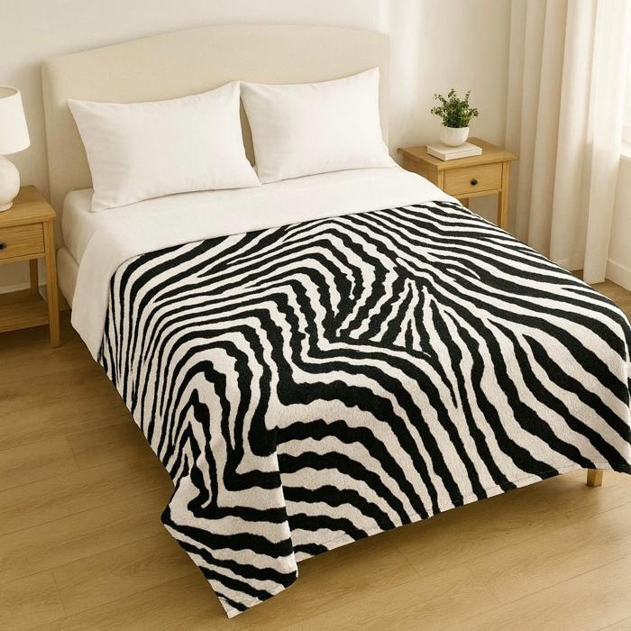 Super Soft And Warm White & Black Zebra Print Mink Plush Blanket Queen Size