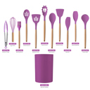 Purple Silicone Silicone Kitchen Utensils Set with Non-Slip Wooden Handles and Organizer Holder