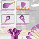 Purple Silicone Silicone Kitchen Utensils Set with Non-Slip Wooden Handles and Organizer Holder