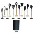 Black Silicone Silicone Kitchen Utensils Set with Non-Slip Wooden Handles and Organizer Holder