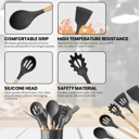 Black Silicone Silicone Kitchen Utensils Set with Non-Slip Wooden Handles and Organizer Holder