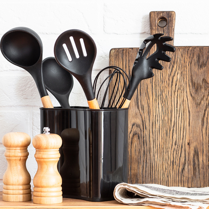 Silicone Kitchen Utensils Set with Non-Slip Wooden Handles and Organizer Holder