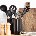 Black Silicone Silicone Kitchen Utensils Set with Non-Slip Wooden Handles and Organizer Holder