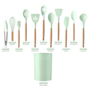 Mint Silicone Silicone Kitchen Utensils Set with Non-Slip Wooden Handles and Organizer Holder