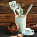 Mint Silicone Silicone Kitchen Utensils Set with Non-Slip Wooden Handles and Organizer Holder