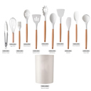 White Silicone Silicone Kitchen Utensils Set with Non-Slip Wooden Handles and Organizer Holder