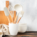 White Silicone Silicone Kitchen Utensils Set with Non-Slip Wooden Handles and Organizer Holder