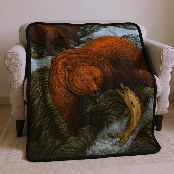 Bear by the River - Cozy Queen Size Plush Blanket