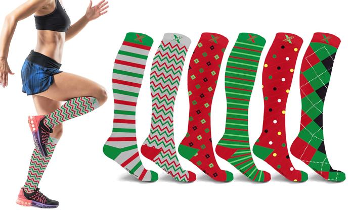 6 Pairs Christmas Knee-High Compression Socks Festive Support for All-Day Comfort