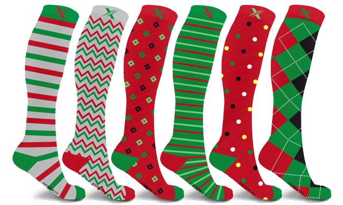 6 Pairs Christmas Knee-High Compression Socks Festive Support for All-Day Comfort