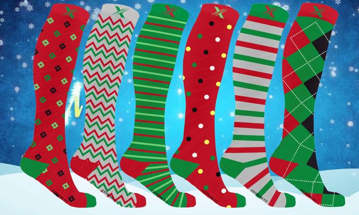 6 Pairs Christmas Knee-High Compression Socks Festive Support for All-Day Comfort