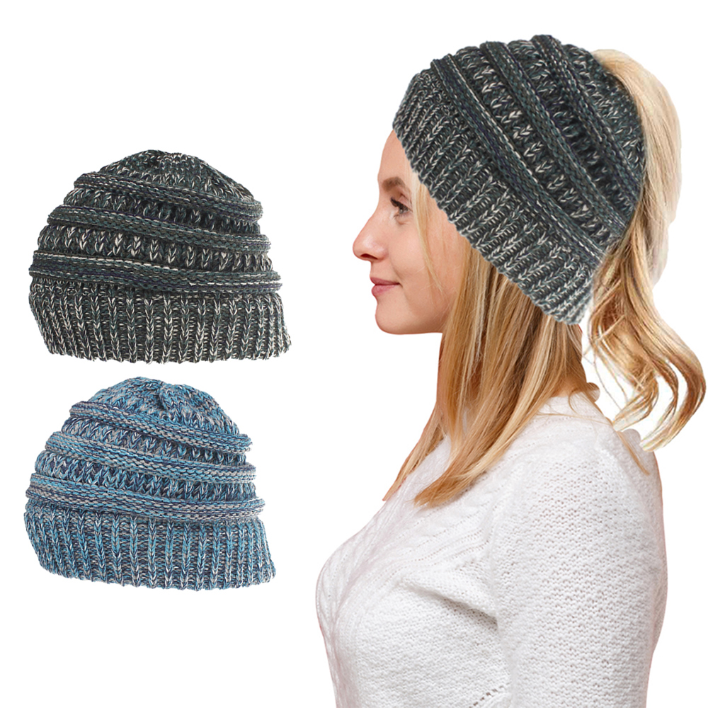 Women Fun Warm Winter Ponytail Beanie Hat Cap Set of 2