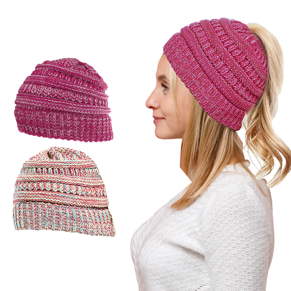 Women Fun Warm Winter Ponytail Beanie Hat Cap Set of 2