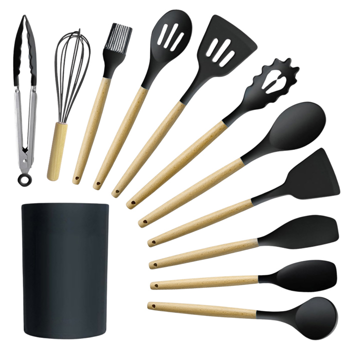 Silicone Kitchen Utensils Set with Non-Slip Wooden Handles and Organizer Holder