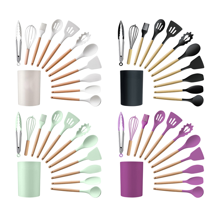 Silicone Kitchen Utensils Set with Non-Slip Wooden Handles and Organizer Holder