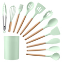 Mint Silicone Silicone Kitchen Utensils Set with Non-Slip Wooden Handles and Organizer Holder