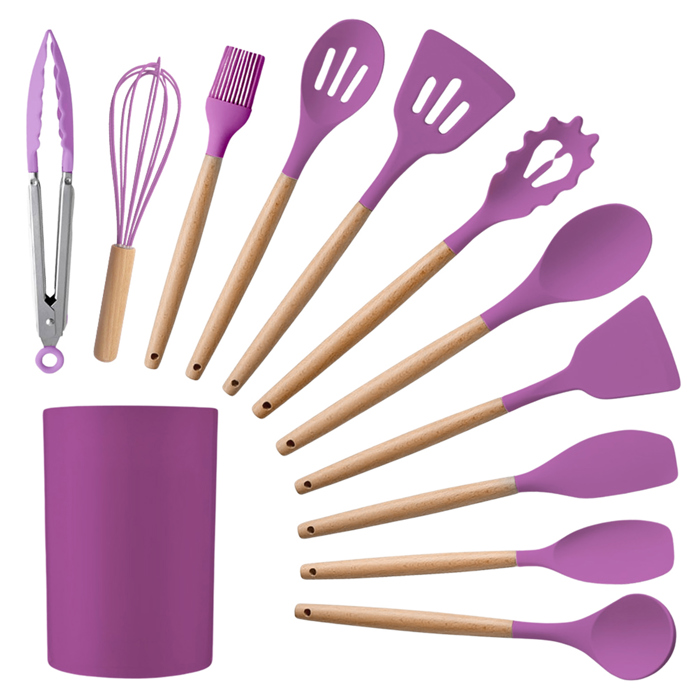 Silicone Kitchen Utensils Set with Non-Slip Wooden Handles and Organizer Holder