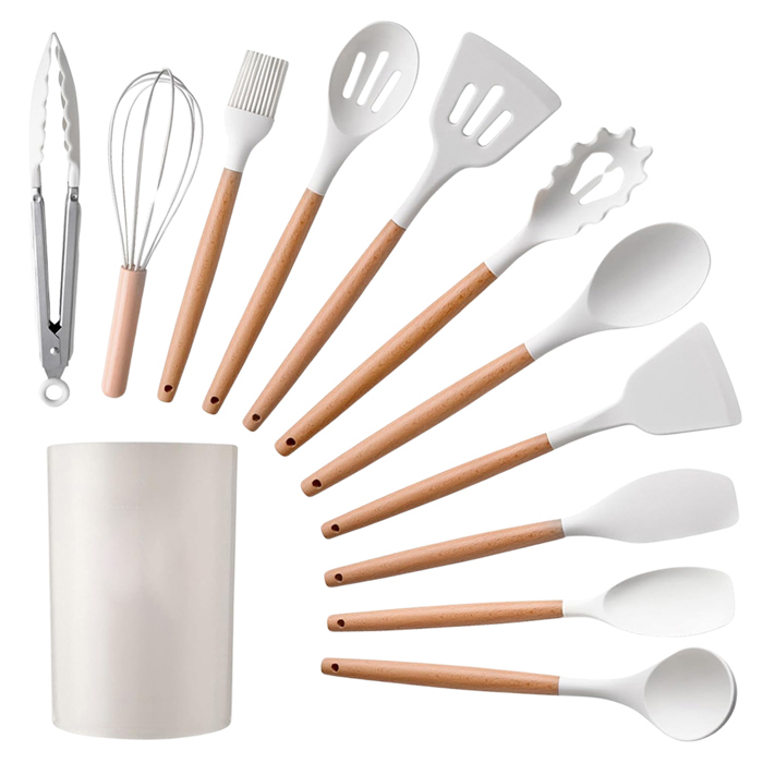 Silicone Kitchen Utensils Set with Non-Slip Wooden Handles and Organizer Holder