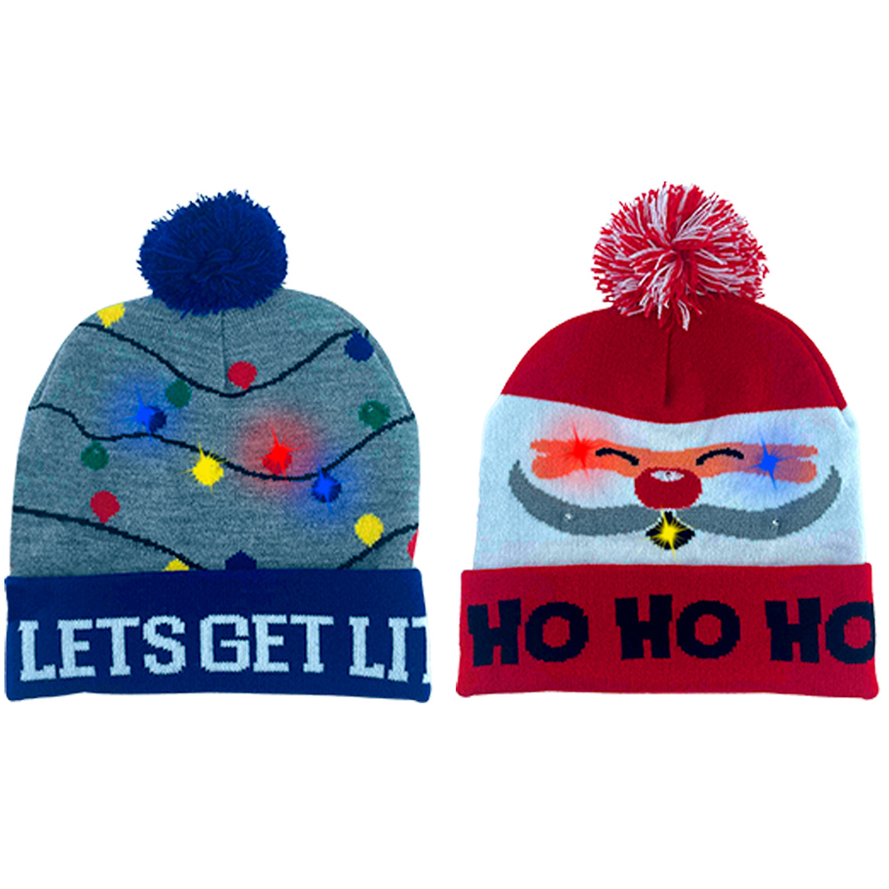 Vibrant LED Christmas Pom Pom Beanie Pack of 2