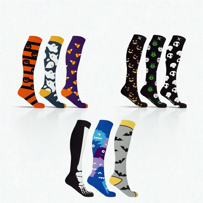 Men's & Womenswear Knee High Compression Halloween Spooky Socks | 3-Pairs