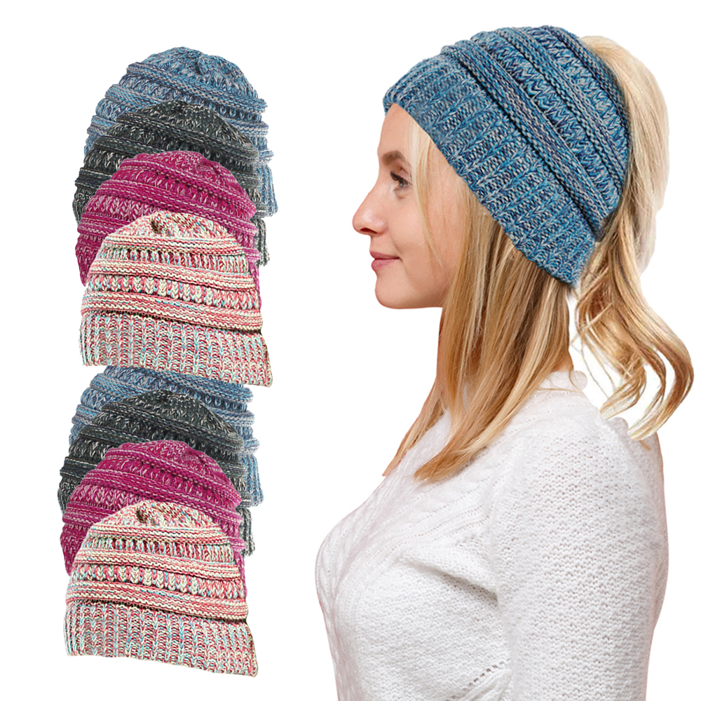 Women Fun Warm Winter Ponytail Beanie Hat Cap Set of 2